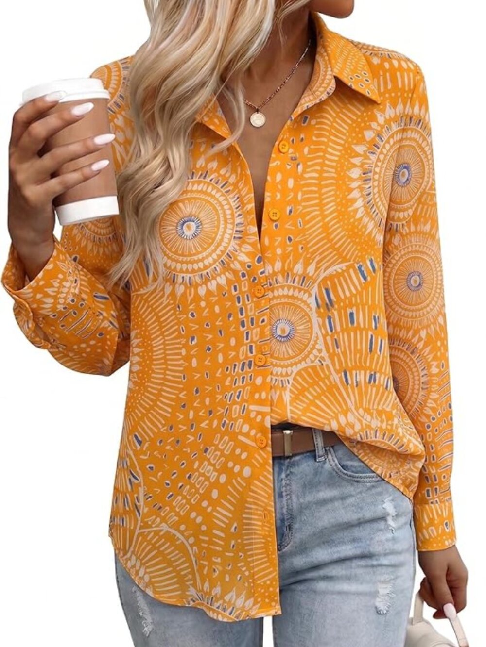 Chiffon Button Down Blouse Long Sleeve Size Large